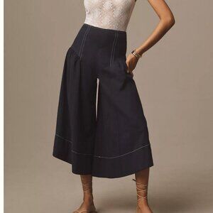 By Anthropologie Extended Waist Pants Linen Navy Blue Wide Leg Crops sz 14 NWT